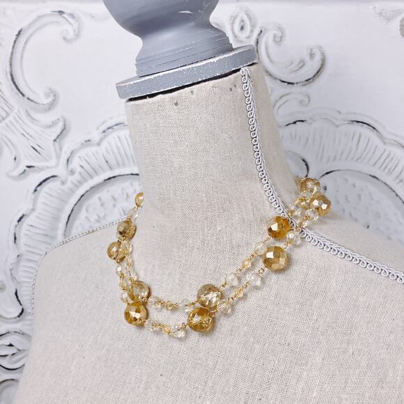 Vintage Faceted Glass Bead Necklace Double Strand Gold Tone Chain, 17”-20” - Picture 3 of 9